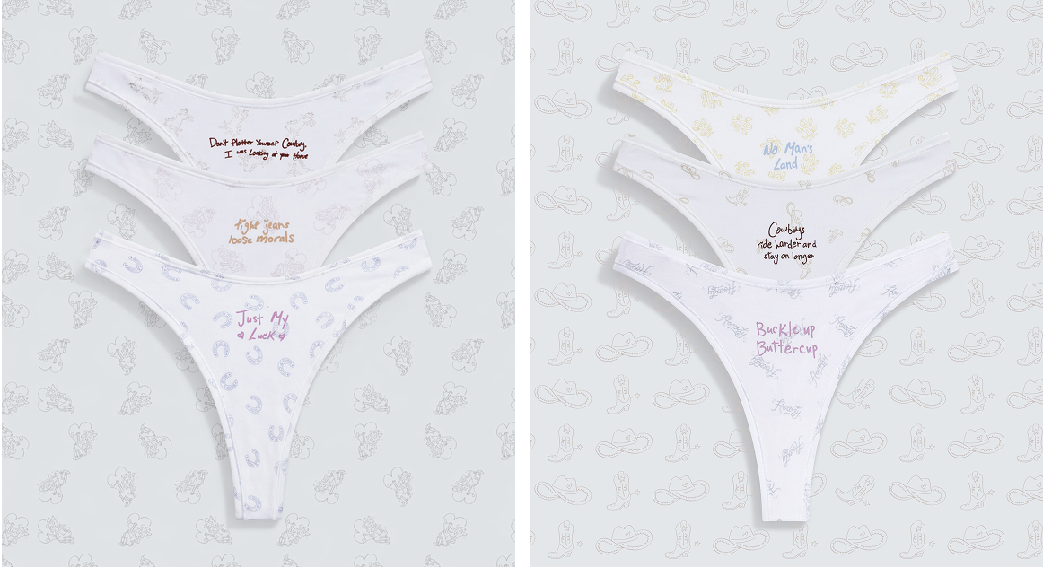 flat lays of panties with sayings on a wallpaper background