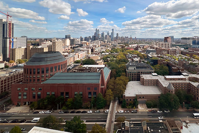 An aerial view of Penn's campus and the Philadelphia skyline.