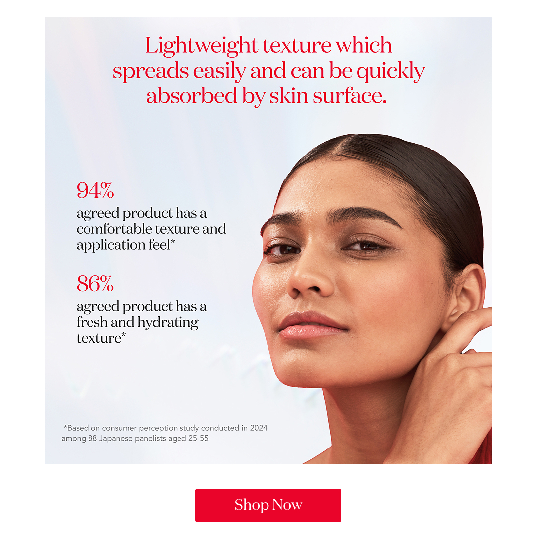 Woman with smooth skin next to text about lightweight, fast-absorbing texture and consumer results showing 94% comfort and 86% hydration satisfaction.