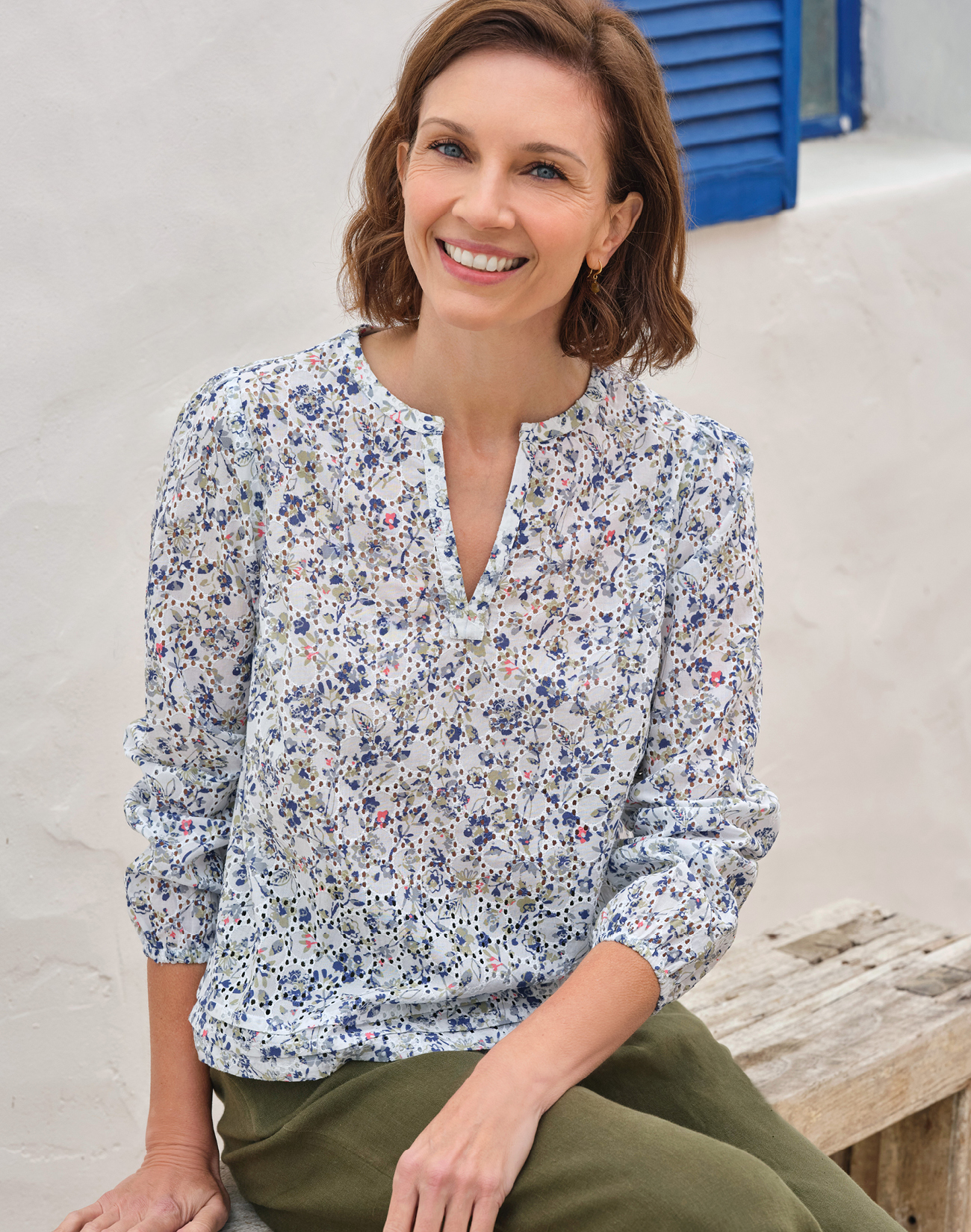 Printed Broderie Notch Neck Top