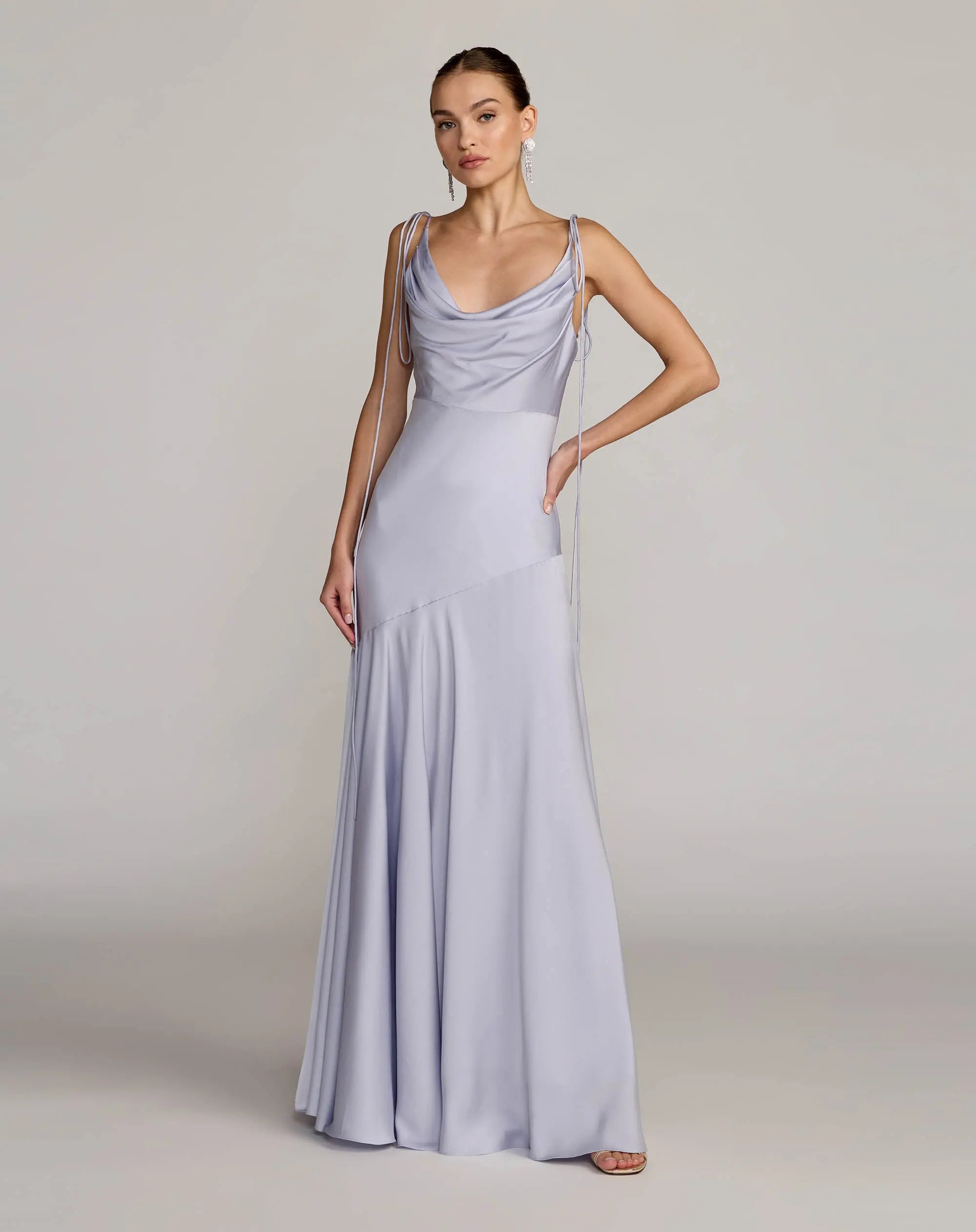 Image of Purple Charmeuse Cowl Gown With Thin Bow Straps