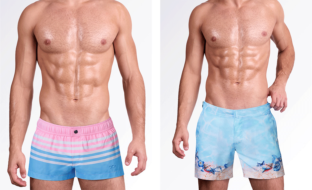 New arrivals GIF showcasing multiple men’s swimwear, resortwear, and summer apparel styles from DC2 Miami.
