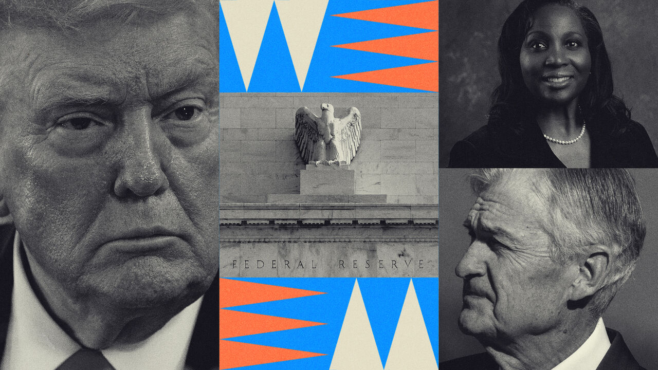 Collage featuring Donald Trump, Lisa Cook, Jerome Powell, and the Federal Reserve building, with bold graphic design elements