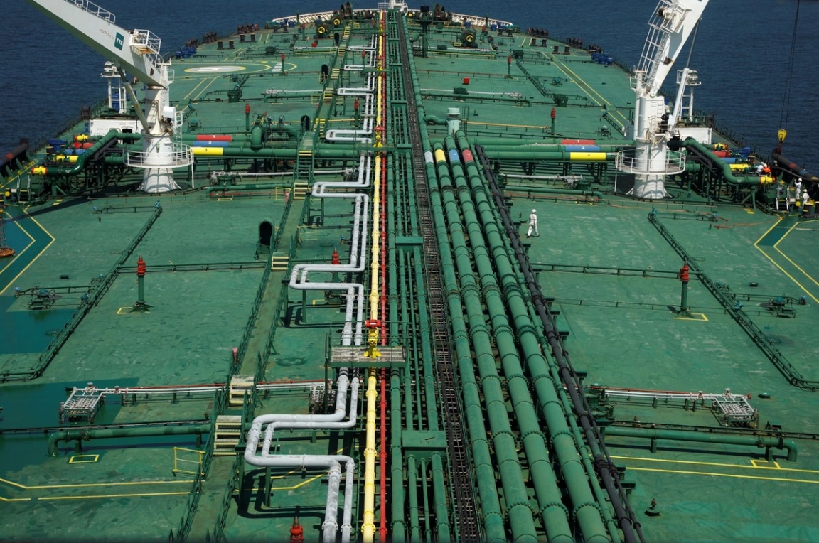  Pipelines run down the deck of Hin Leong’s Pu Tuo San VLCC supertanker in the waters off Jurong Island in Singapore July 11, 2019. 