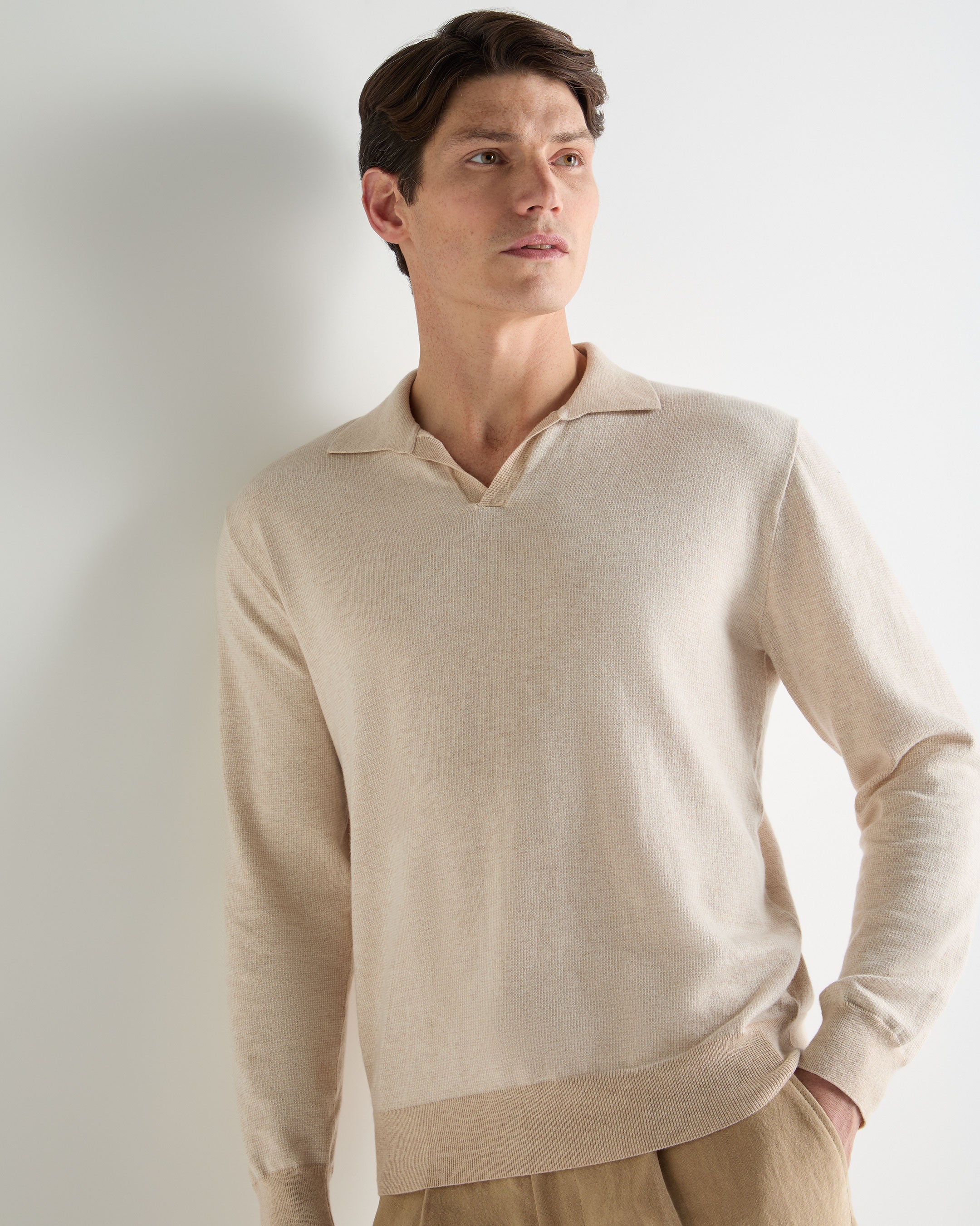 Image of Men's Padstow Cotton Cashmere Polo Shirt Sandstone Brown