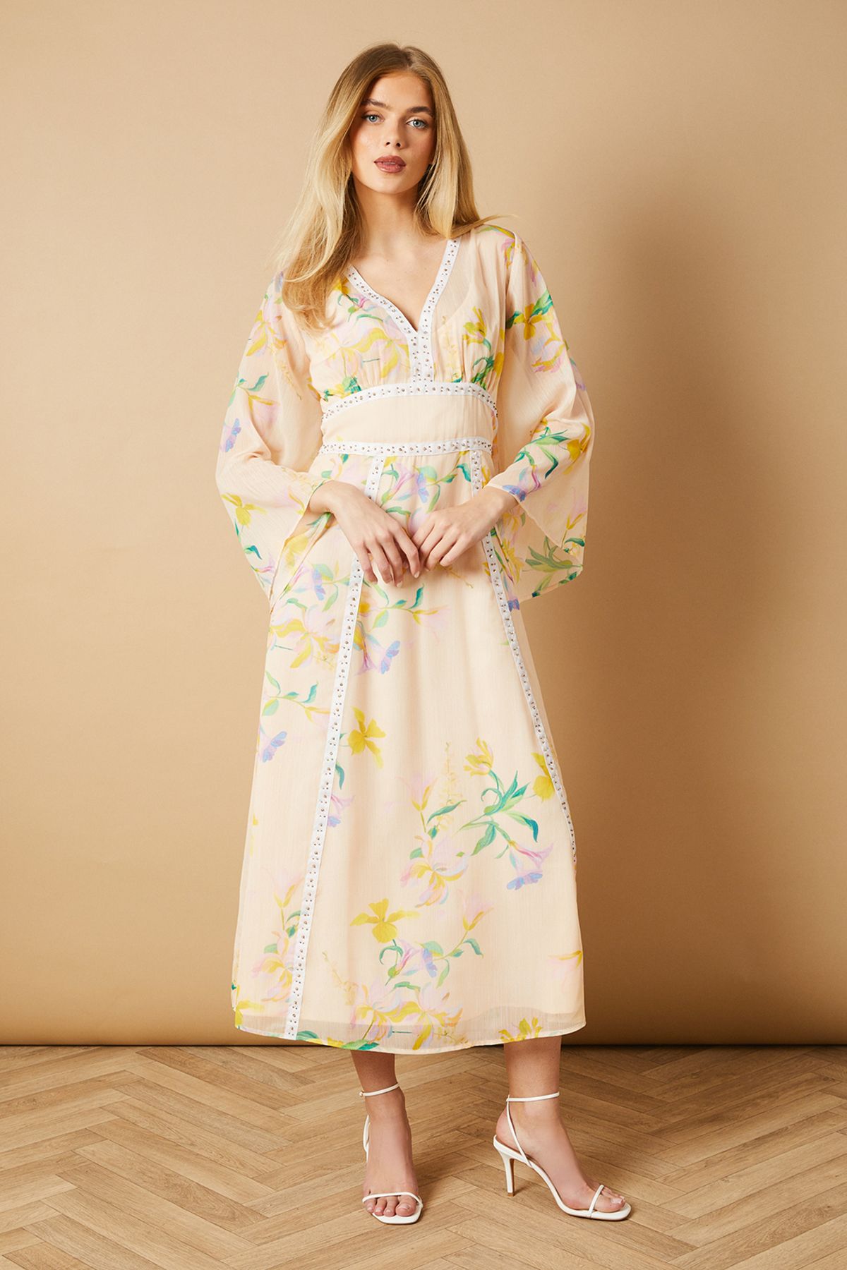 Floral Hand Embellished Trim V Neck Batwing Maxi Dress