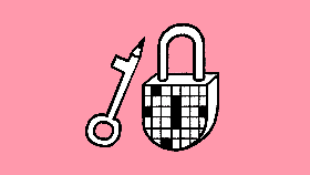 An illustration of a lock designed like a crossword puzzle and a key designed like a pencil.