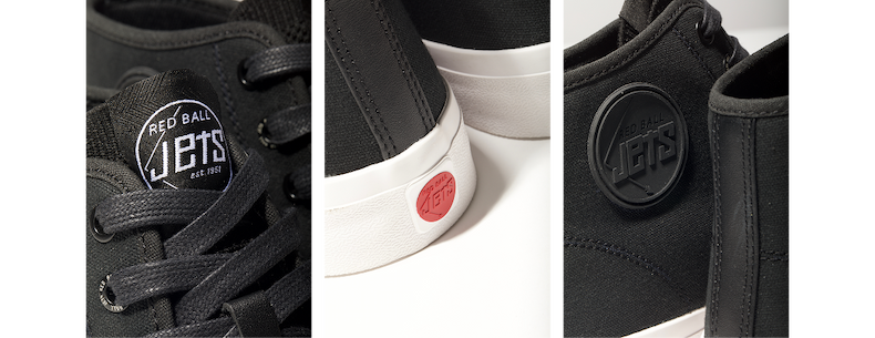 A close-up triptych showing details of the Black Legacy HI sneakers. The images highlight the tongue logo, the heel, and the ankle patch under natural lighting.