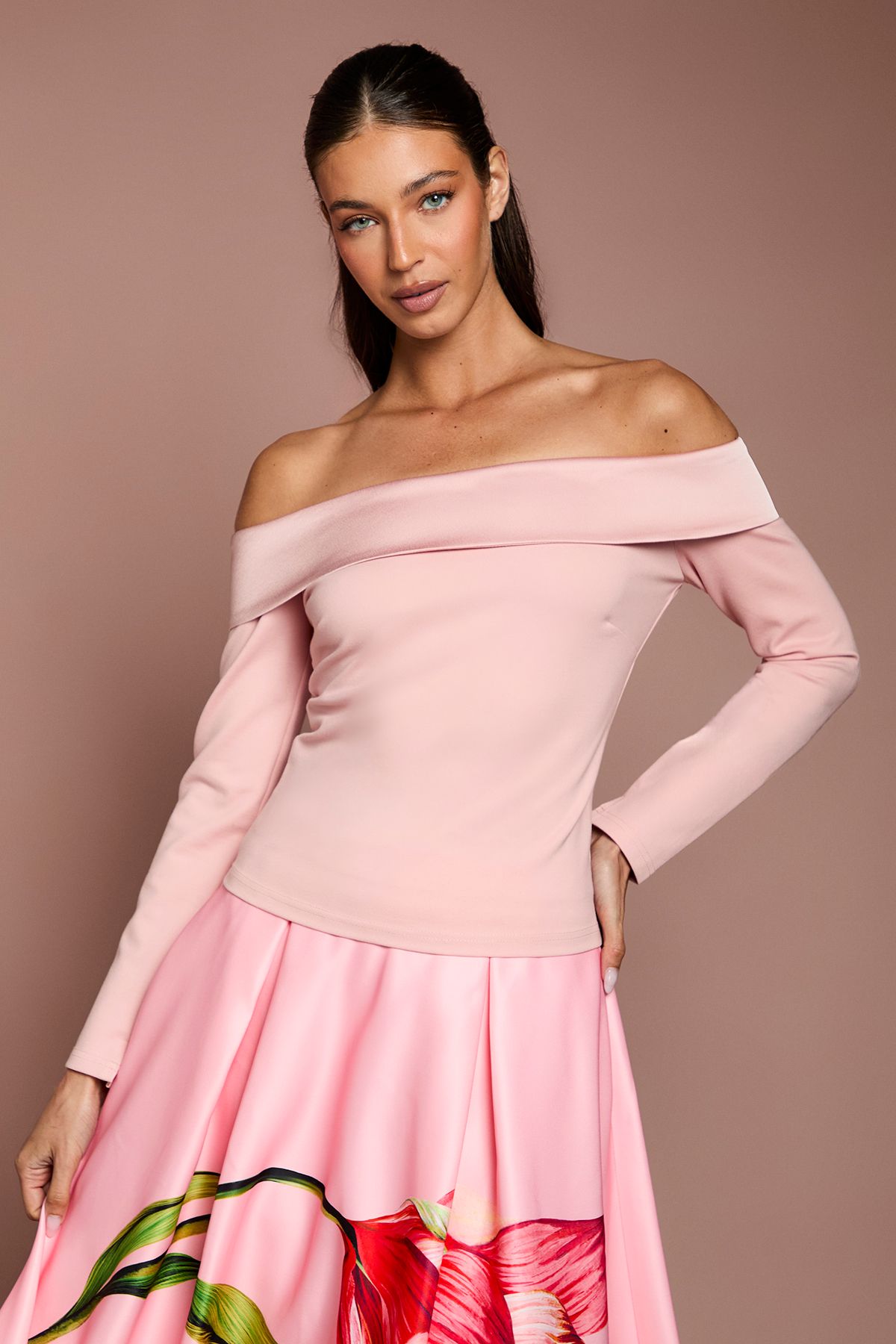 Long Sleeve Satin Trim Bardot Top