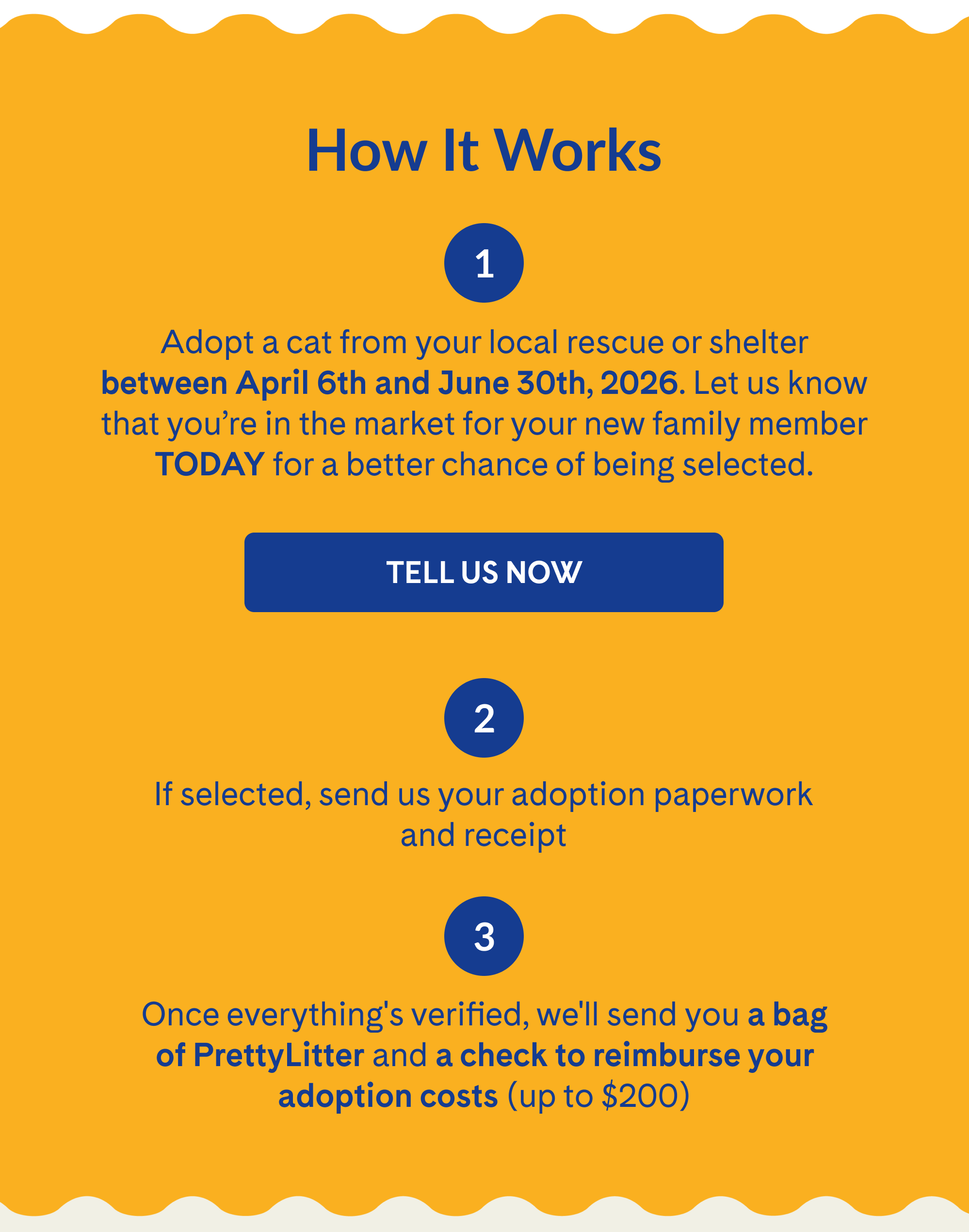 Adopt a cat between 4/6-6/30/2026 and apply to get your adoption fee covered (up to $200). If you are selected, you'll receive a bag of PrettyLitter and a check to reimburse the fees. | APPLY NOW