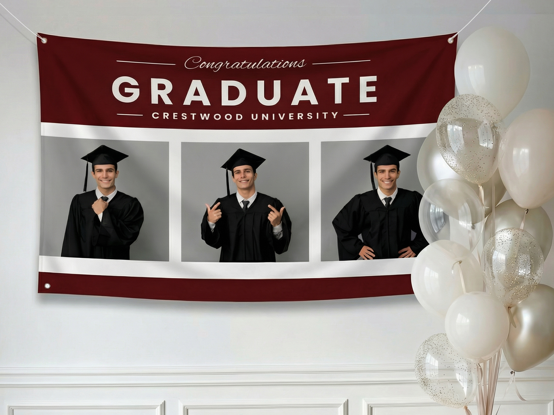 Graduation banner with photos of graduate in cap and gown, ‘Congratulations Graduate’ text, and decorative balloons for celebration