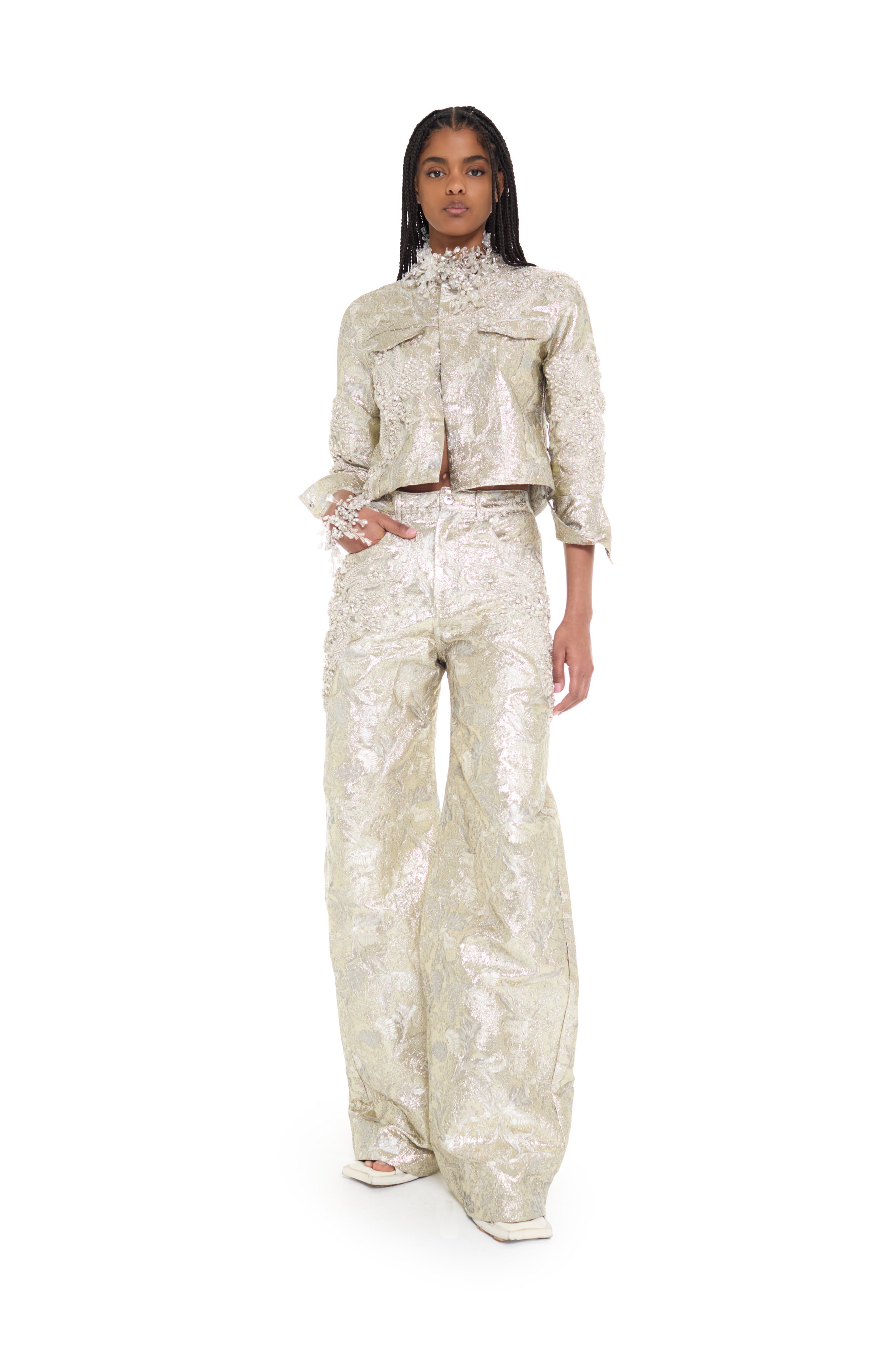 WHITE METALLIC BROCADE EMBELLISHED BOYFRIEND TROUSERS