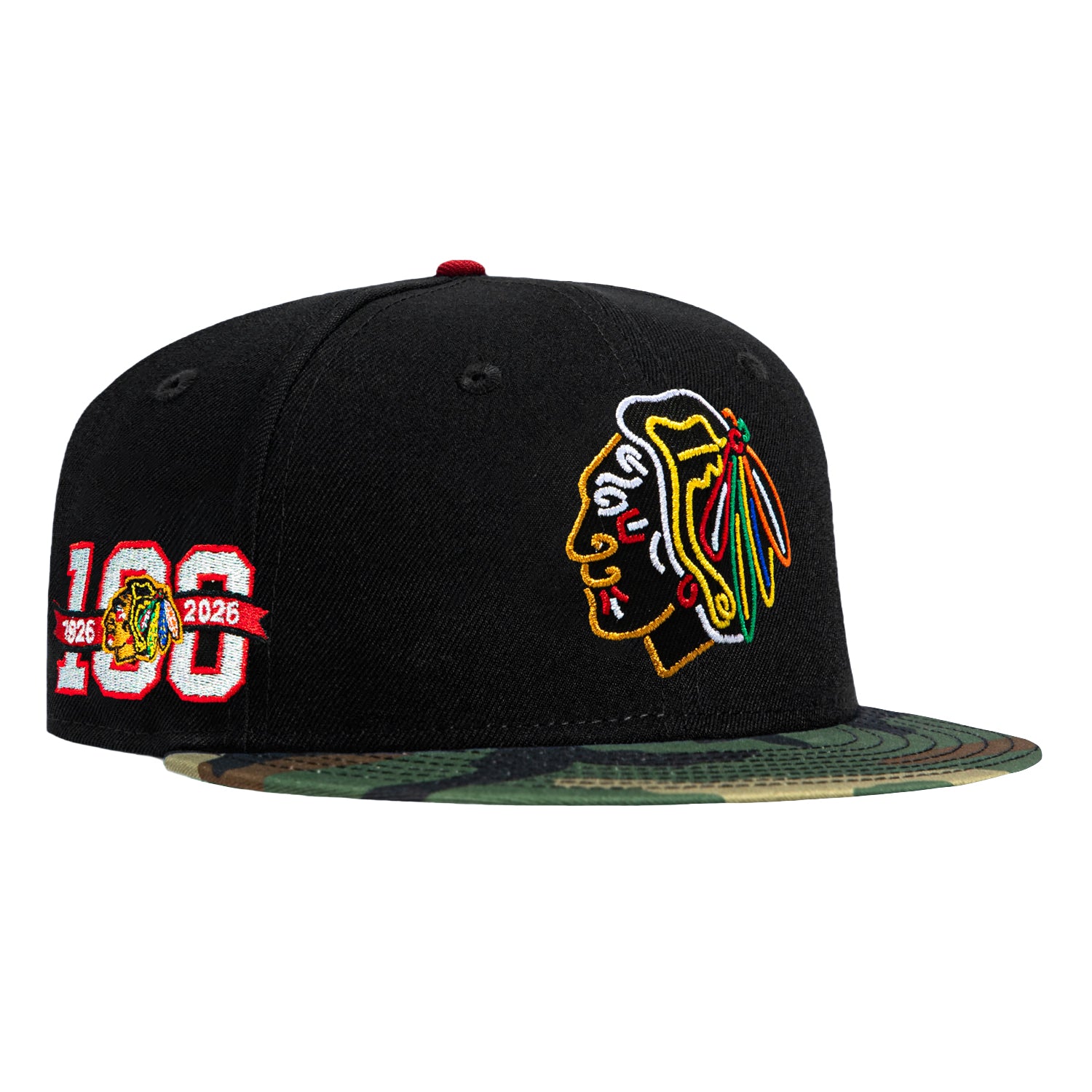 Image of New Era 59Fifty Chicago Blackhawks 100th Anniversary Patch Neon Hat - Black, Camo