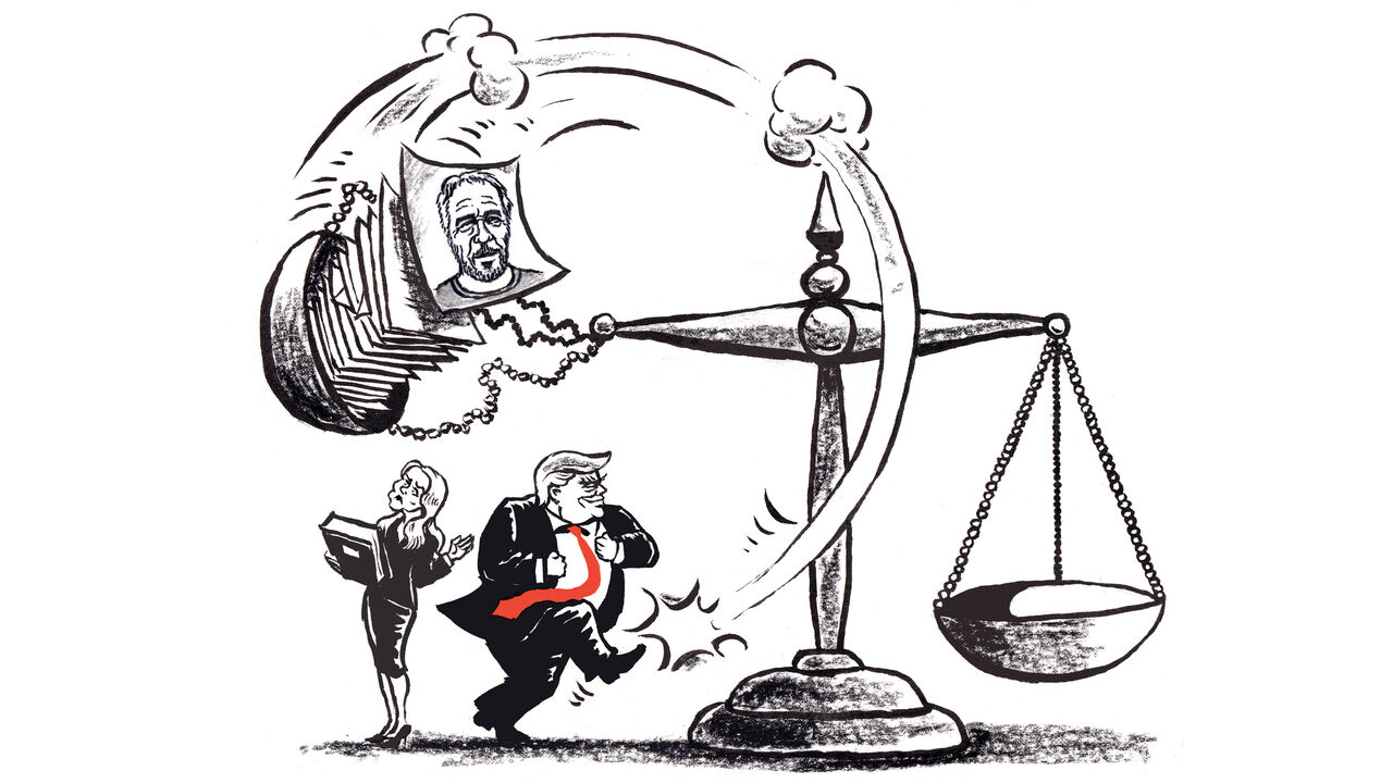 Donald Trump kicking the Epstein files off of the scale of Justice.