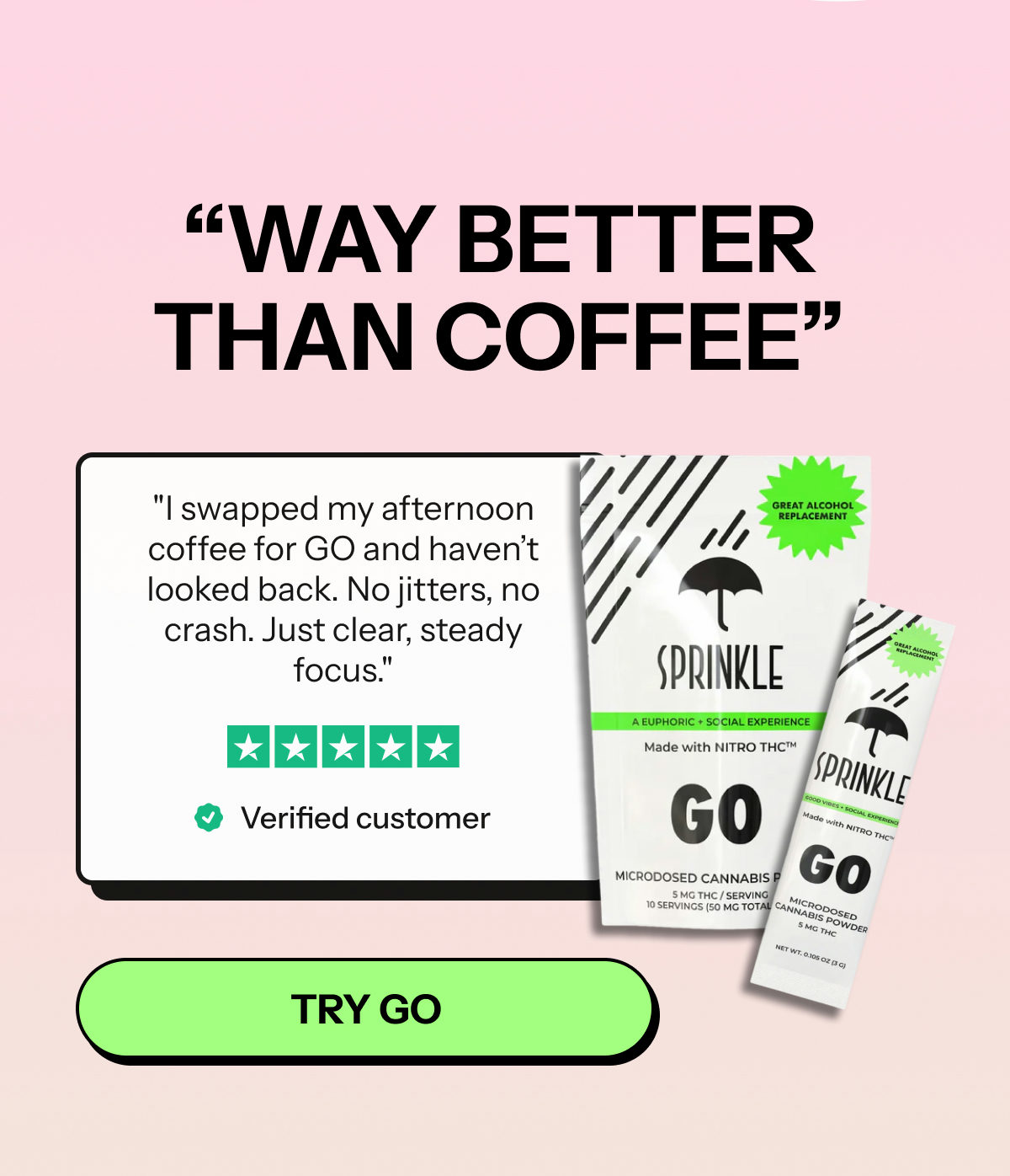 Testimonial about a product called GO, featuring a customer review and product packaging.