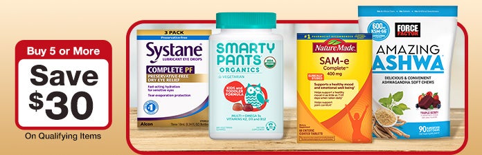 Buy 5 or more, save $30 of qualifting items.
