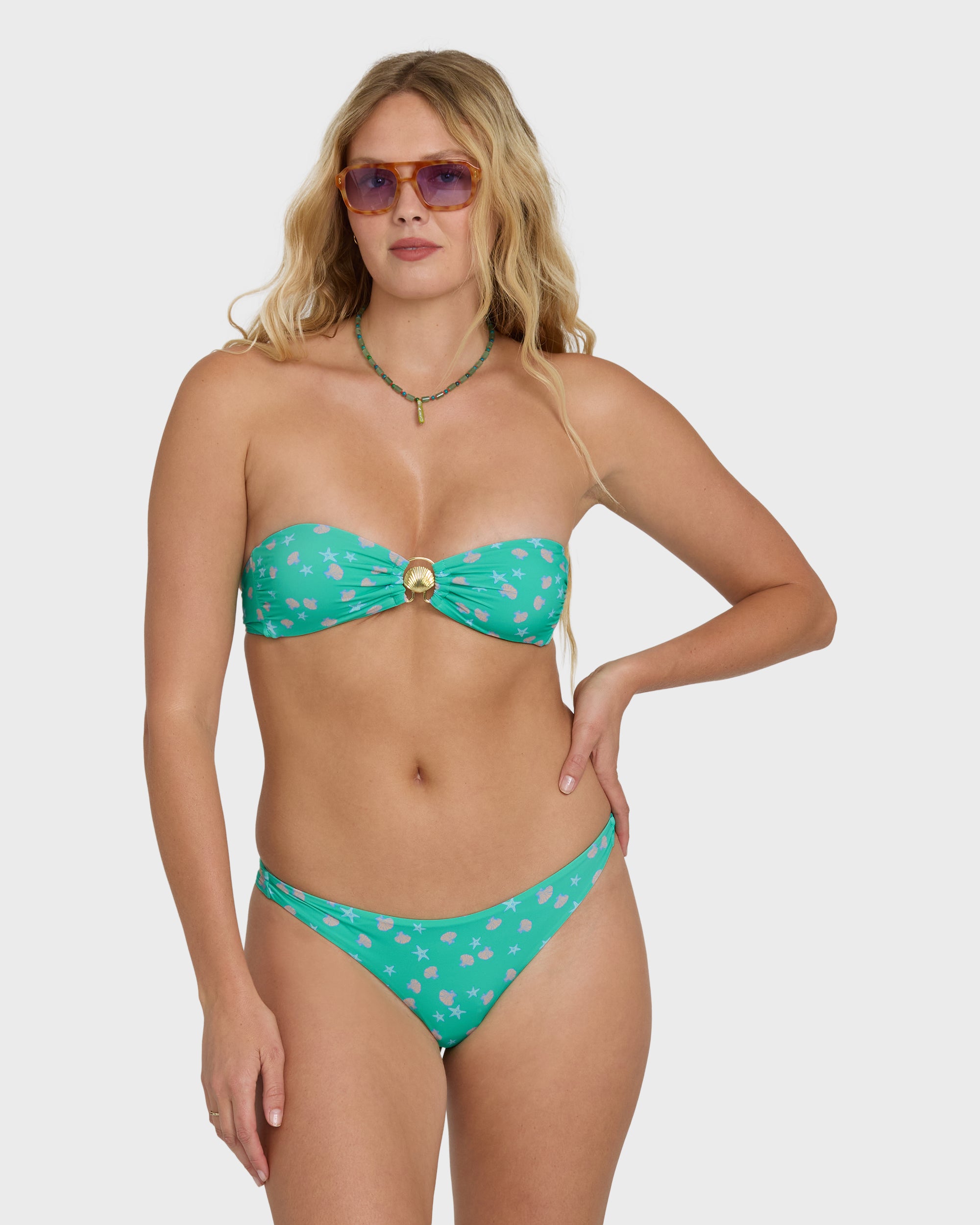 Image of Ship Wrecked Shelly Bandeau Bikini Top - Green Tropics
