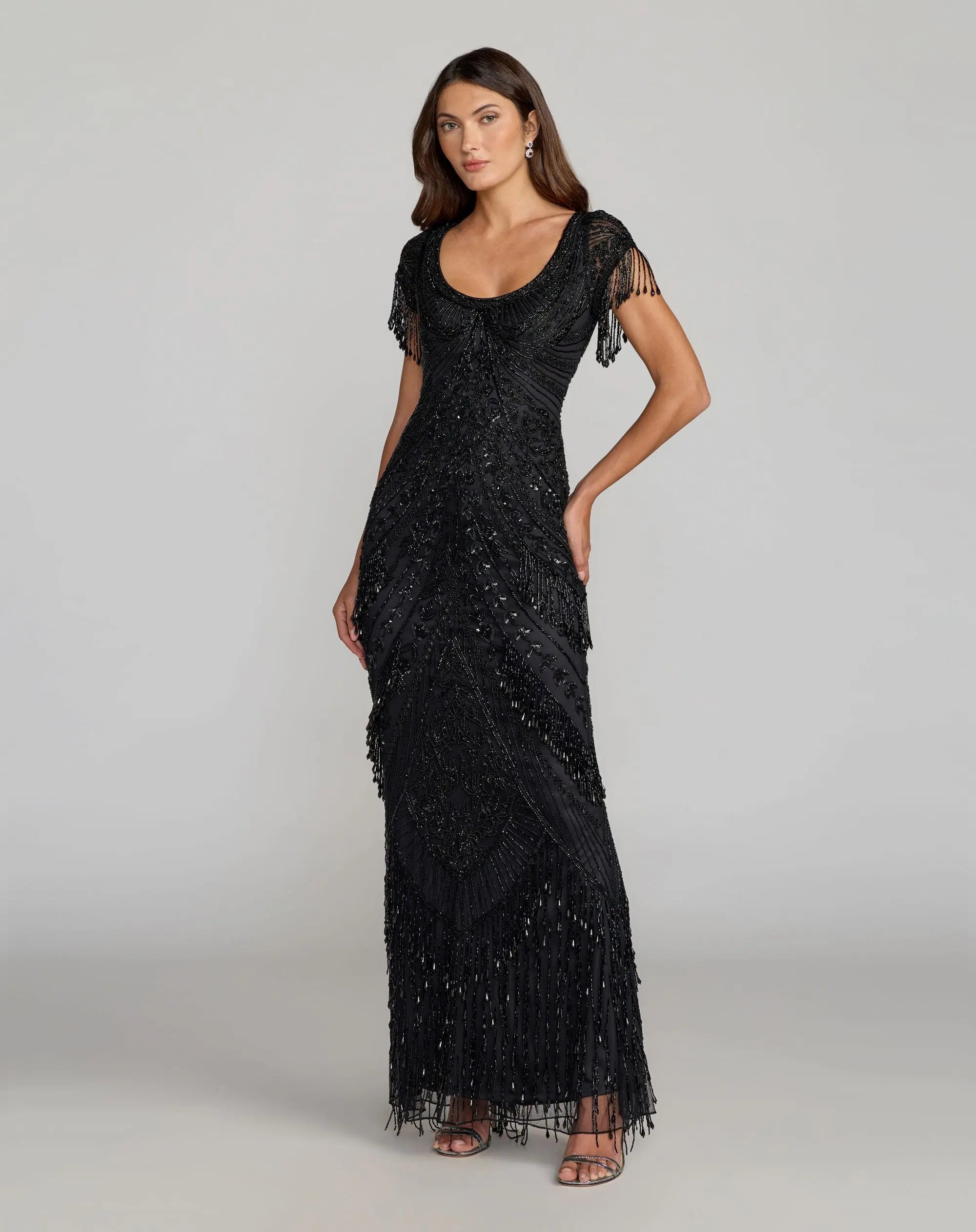 Image of Black Cap Sleeve Beaded Fringe Column Gown