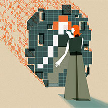Artwork of a person creating a pixelated self-portrait on a screen.