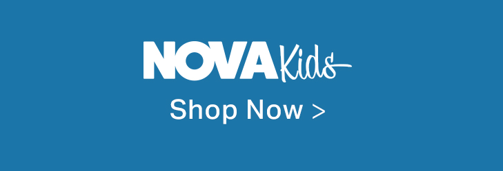 Blue banner with white NOVA Kids logo and "Shop Now >" call to action. Explore our children's clothing collection now.