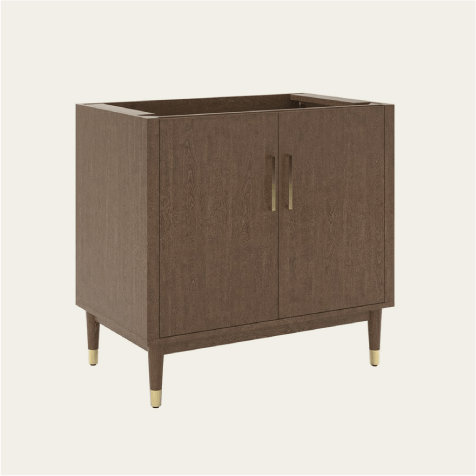 Wooden cabinet with two doors and tapered legs.