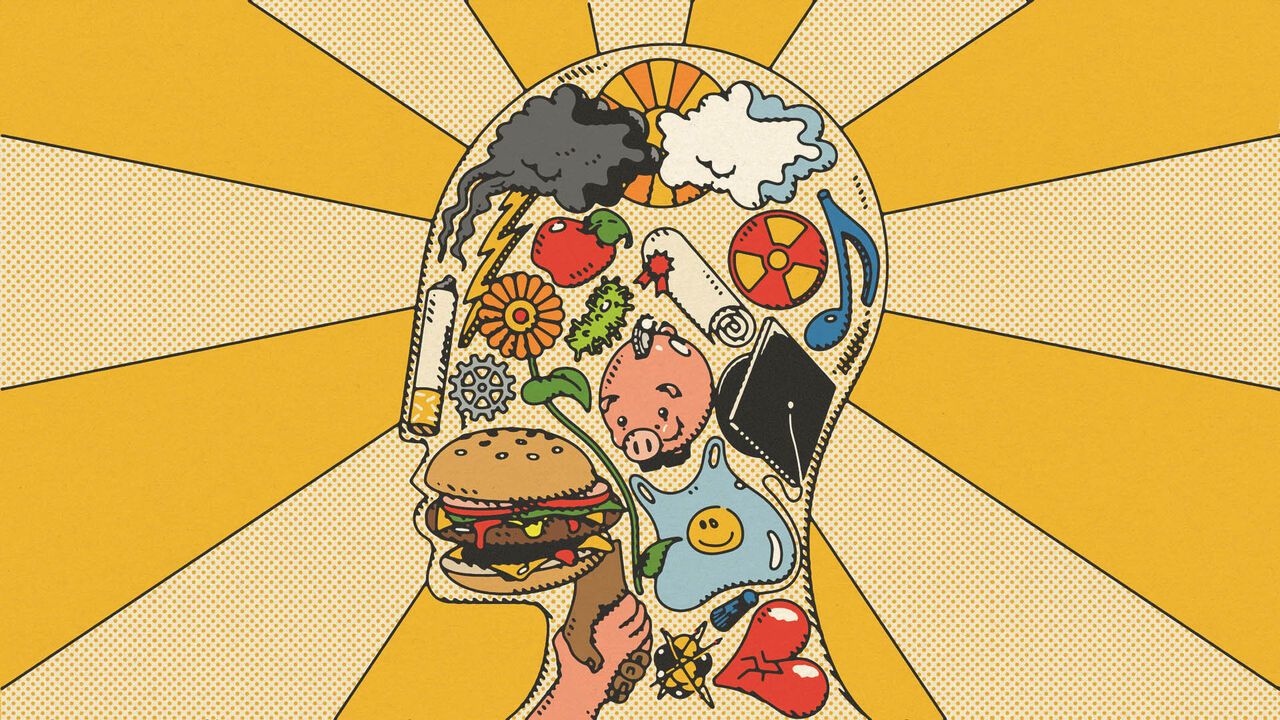 An illustration of a head with food, cigarettes, plastic bag inside it.