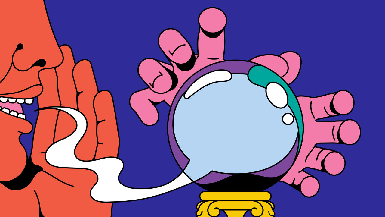 Cartoon-style illustration of a person whispering into a crystal ball, which is held by two pink hands, set against a purple background.