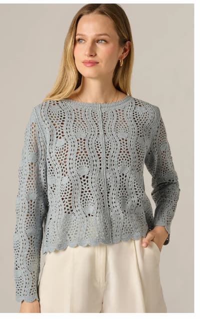 Long Sleeve Open Crochet Sweater In Soft Cloud
