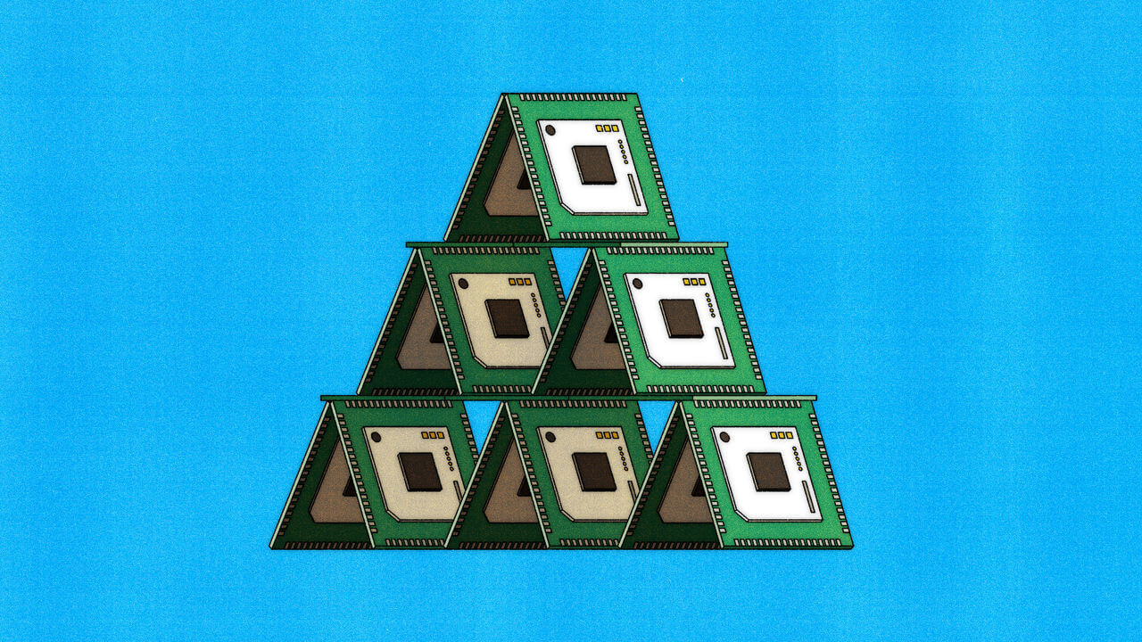 Illustration of a house of cards built from computer chips, arranged in a triangular pyramid structure against a solid blue background