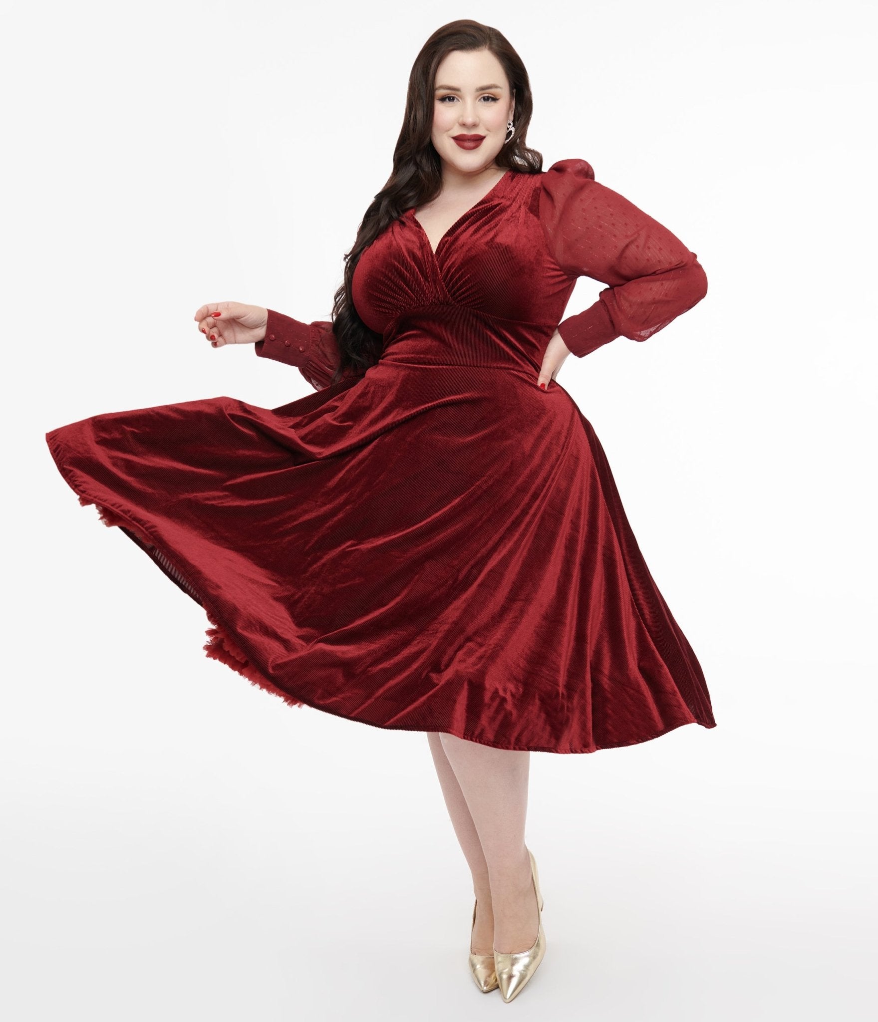Image of Unique Vintage Plus Size 1950s Berry Velvet Sheer Sleeve Delores Swing Dress