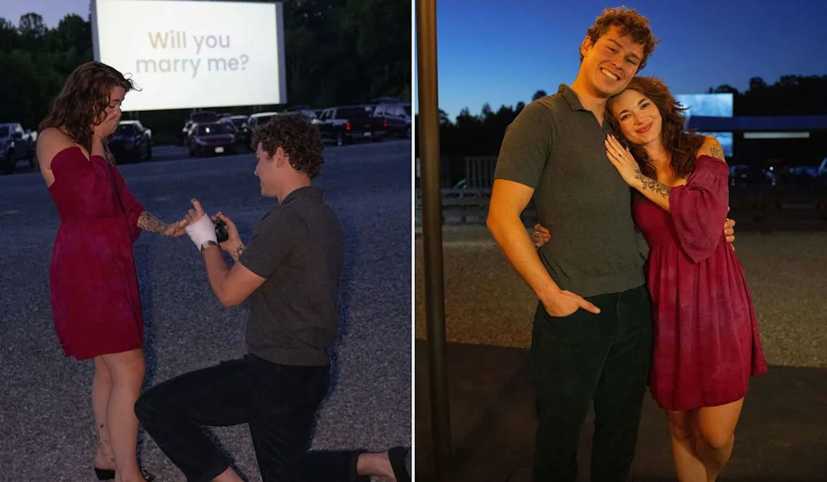 A man and woman pose after getting engaged.