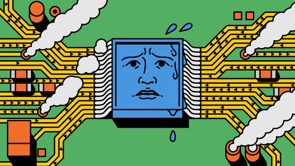 Illustration of a chip with a face, with lots and lots of circuits running into it, looking overworked and sweating. with steam coming out of the circuits