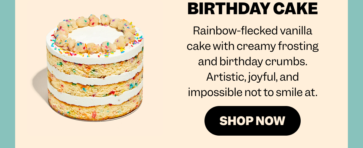 Text reads, “BIRTHDAY CAKE. Rainbow-flecked vanilla cake with creamy frosting and birthday crumbs. Artistic, joyful, and impossible not to smile at.” A “SHOP NOW” button appears below. To the left is a tall layered vanilla cake with rainbow sprinkles and white frosting.