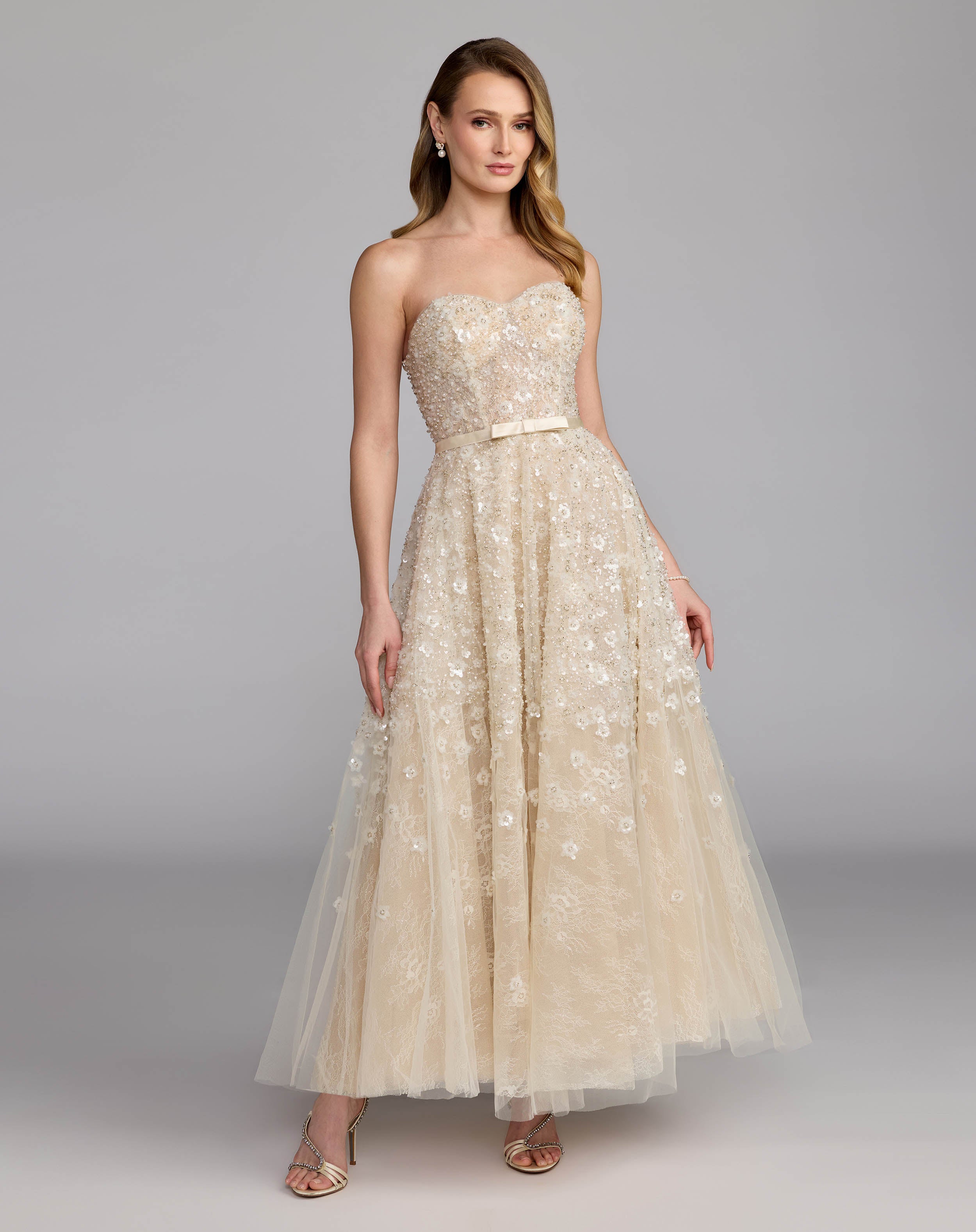 Image of Ivory Strapless Embellished A-Line Midi Dress