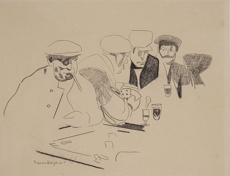 A pen sketch of four people playing card at a table.