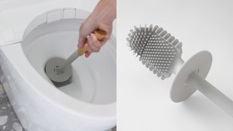 A close-up action shot of the toilet brush being used inside a toilet bowl, paired with a detailed product shot of the silicone brush head showing flexible bristles and angled design.