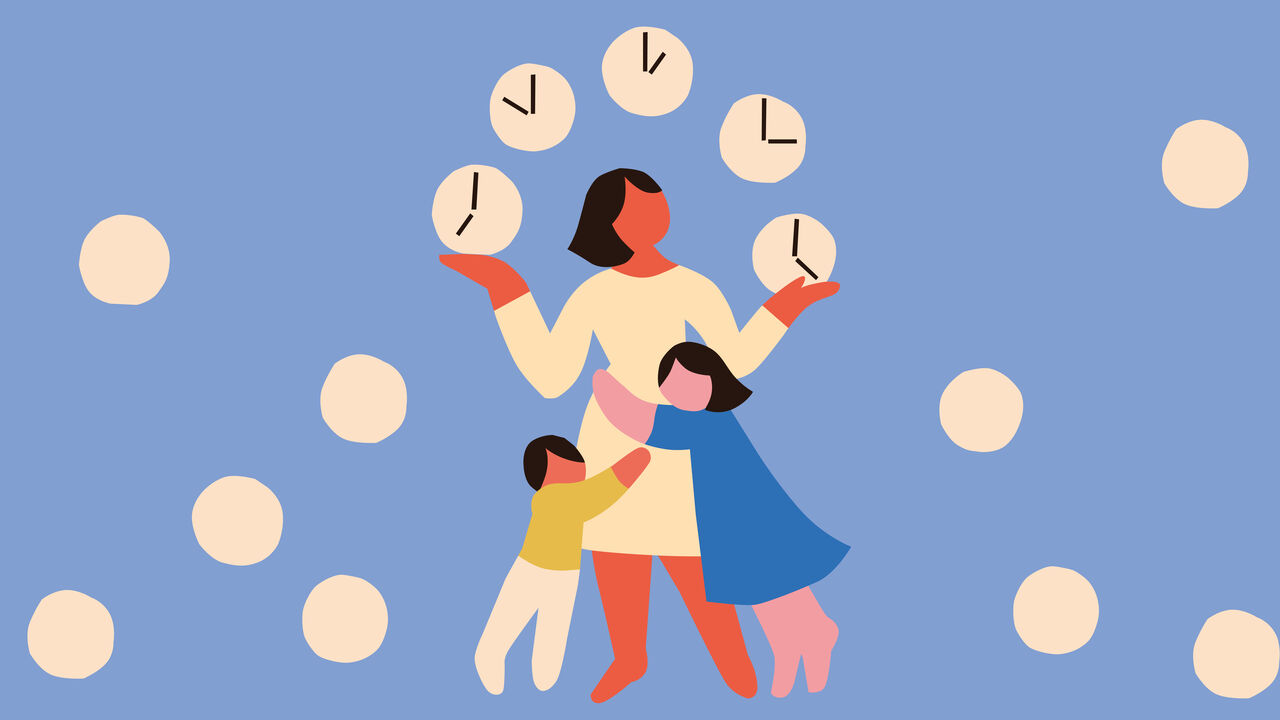 A woman trying to juggle clock faces with two children hugging her