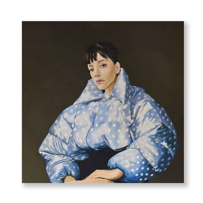 Album art painting of Lily Allen in a blue polka dot puffer.