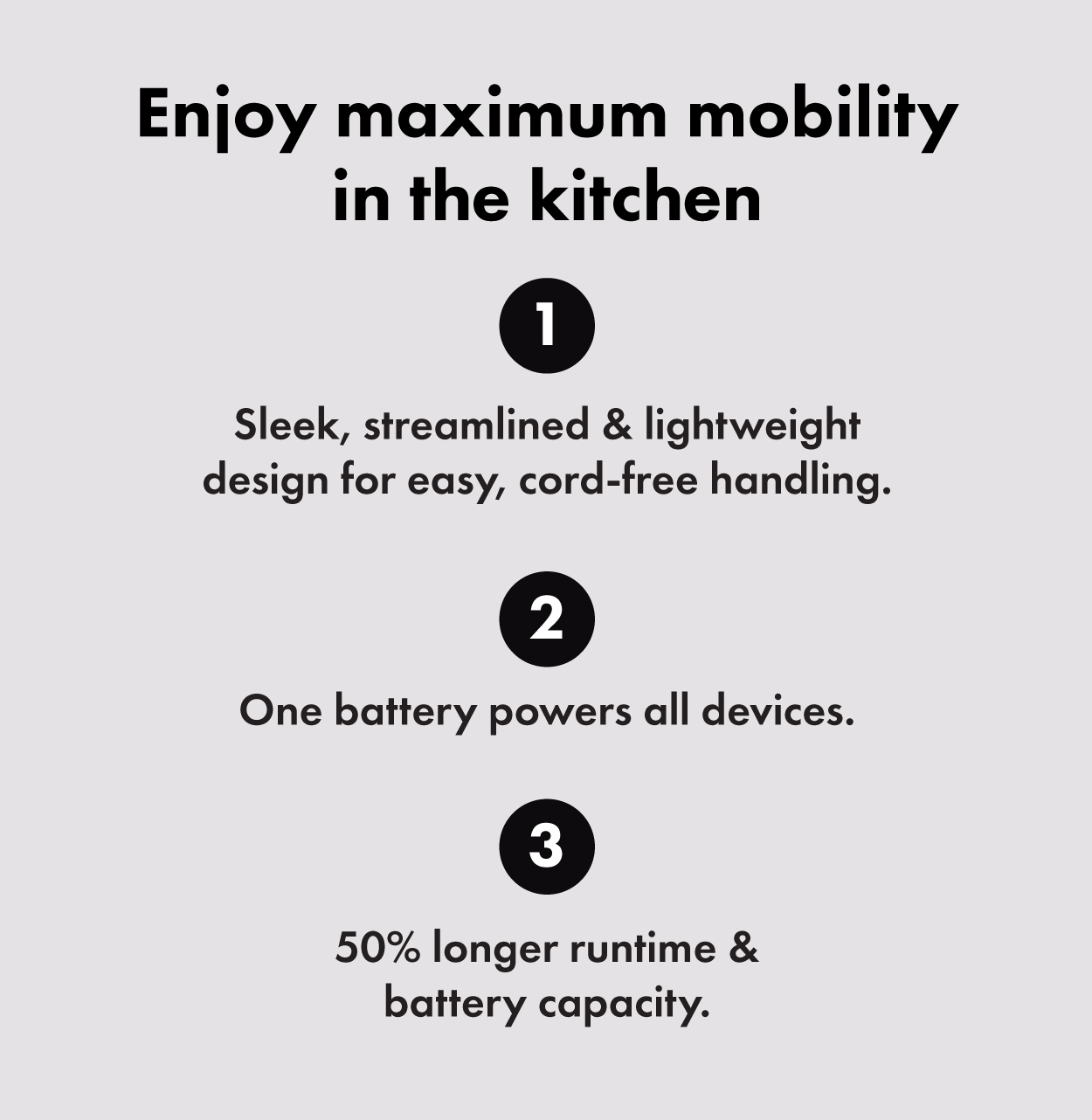 Sleek and lightweight for cord-free handling and 50% longer runtime and battery capacity.