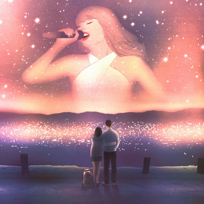 Illustration of couple looking at Los Angeles from a distance with the impression of Taylor Swift in the sky.