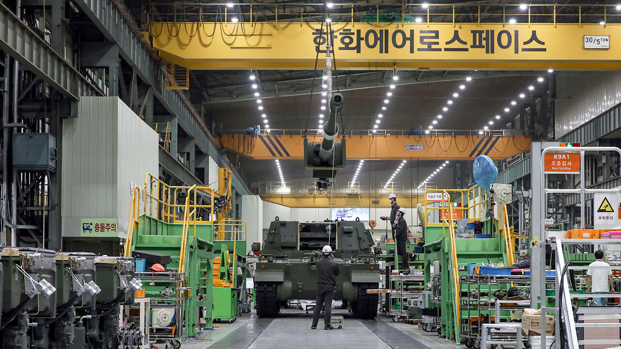 Workers on the assembly line of Hanhwa K9 Howitzer in Changwon, South Korea