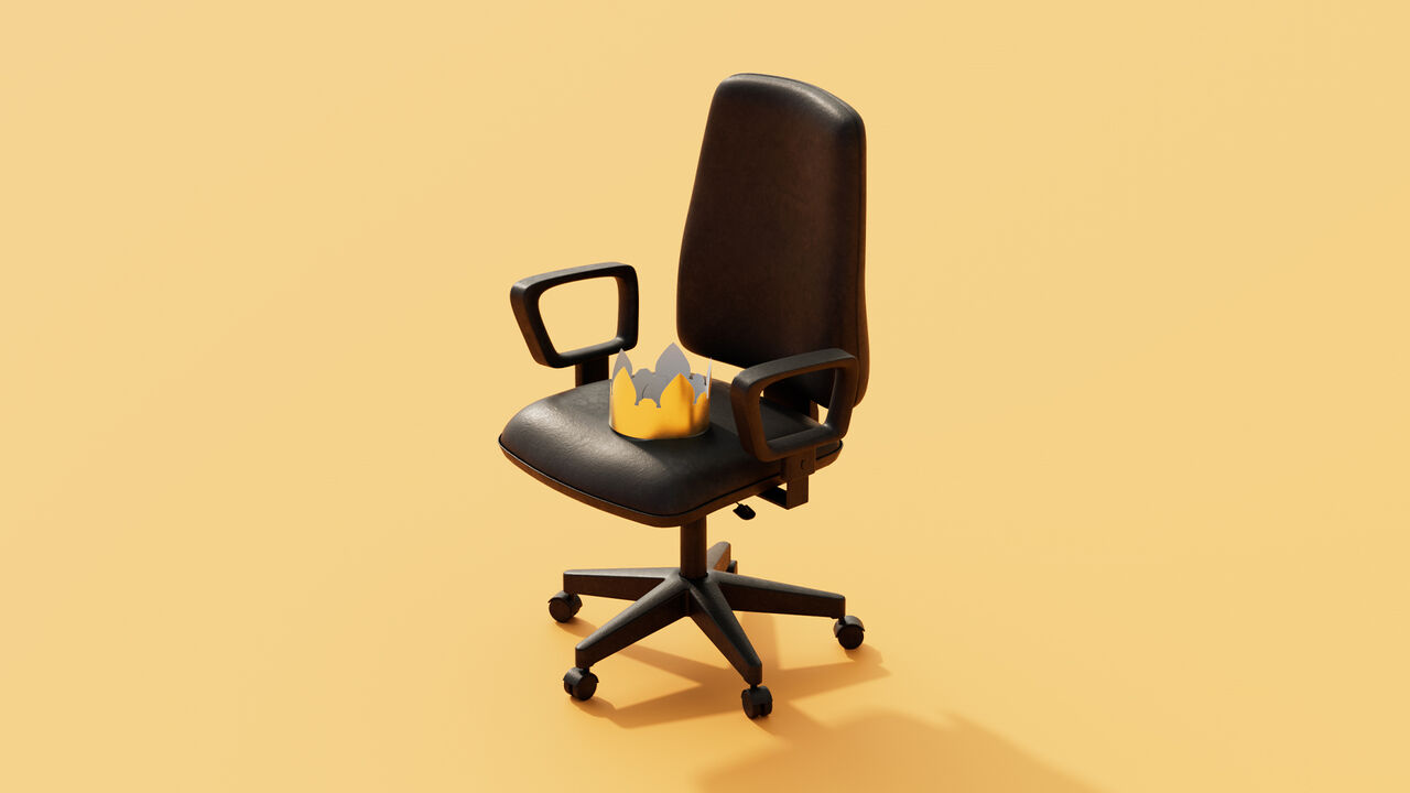An illustration of a paper crown resting on a boardroom chair.