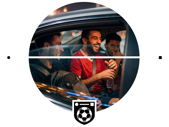Three friends laughing and talking inside a car at night, one holding a water bottle, with a soccer-themed graphic overlay at the bottom.