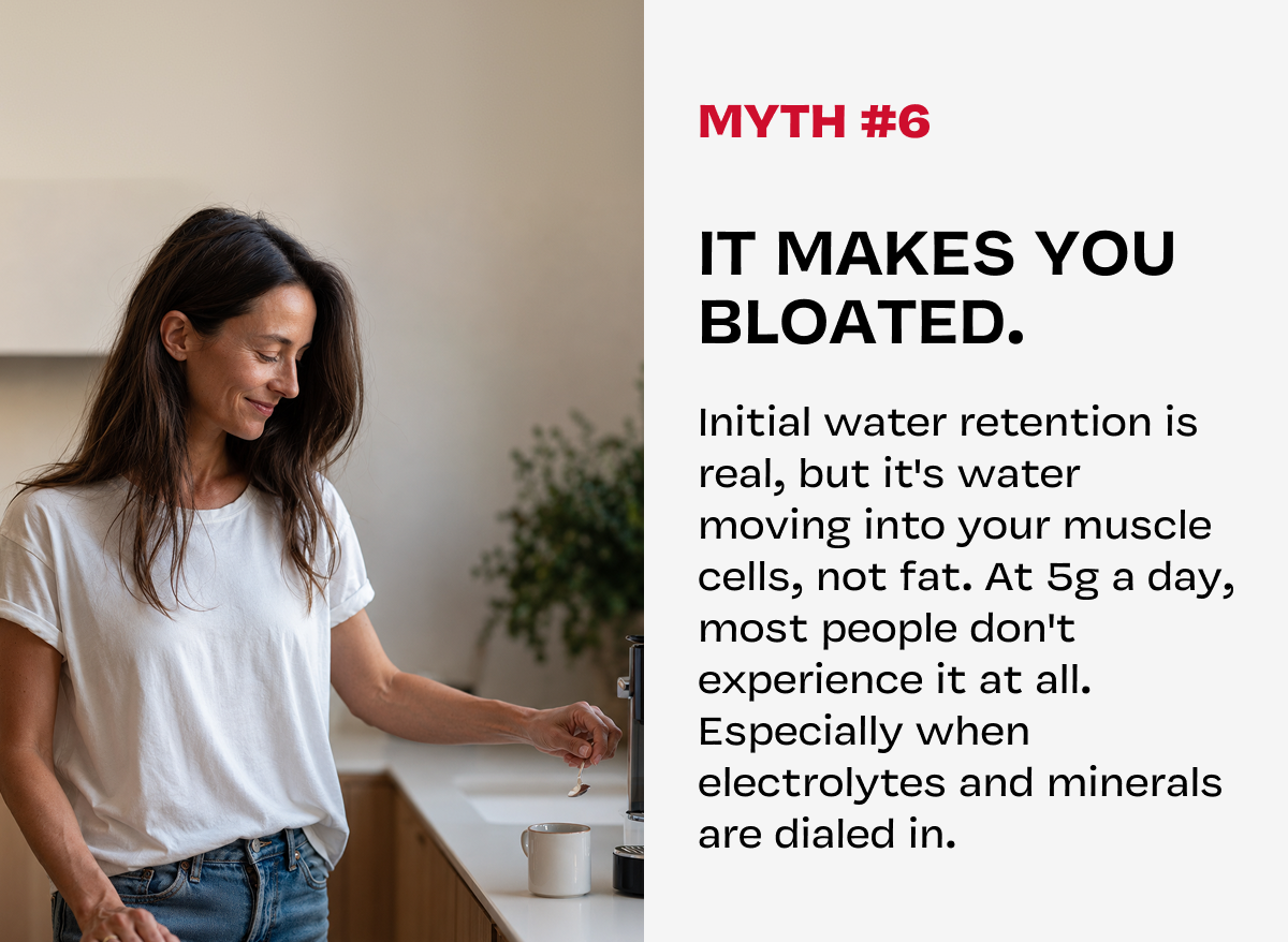"It makes you bloated." Text on water retention, beside photo of fit woman in gym.