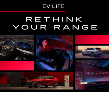 Multiple images of Cadillac EV exterior and interior with headline “EV LIFE—RETHINK YOUR RANGE”
