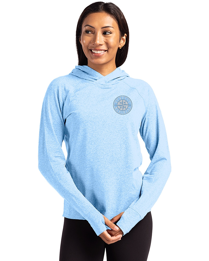 Image of Seattle Mariners Mono Cutter & Buck Adapt Recycled Soft Knit Stretch Womens Hooded Pullover
