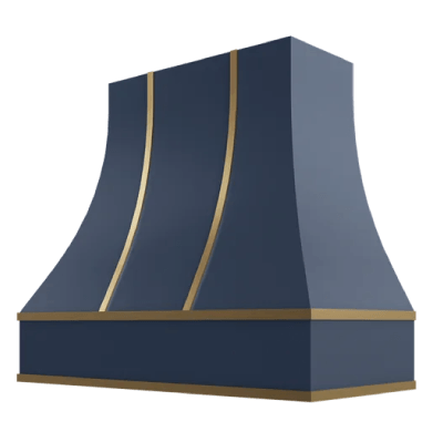 Blue kitchen range hood with gold accents.