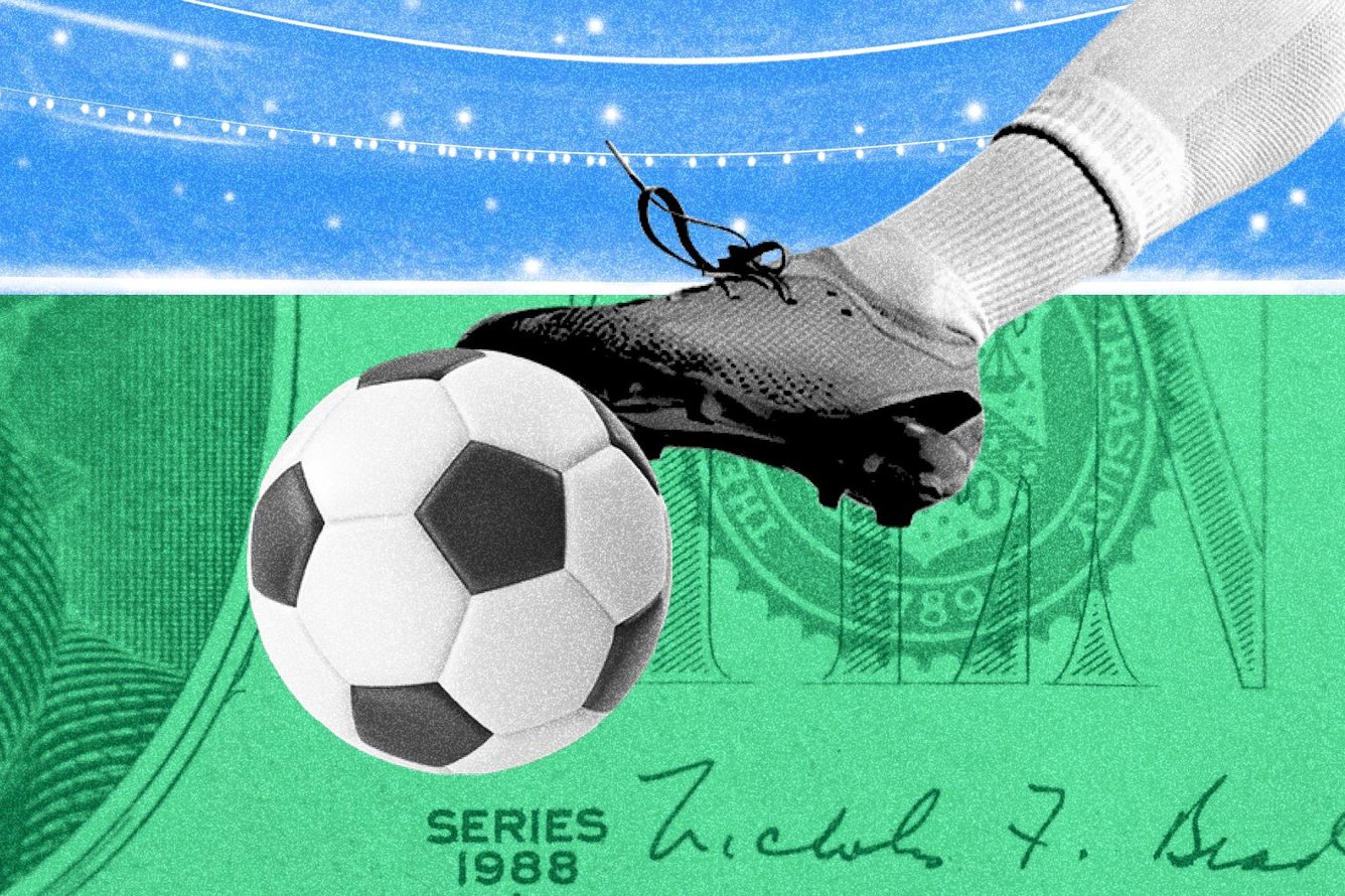Photo collage of a close-up of a foot wearing a cleat kicking a soccer ball on the backdrop of a green field that's actually a macro view of money, with stadium seating in the background in shades of blue.