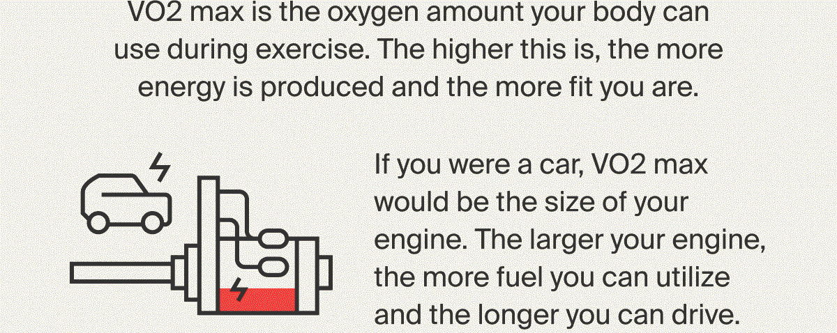 VO2 max is the oxygen amount your body can use during exercise.  The higher this is, the more energy is produced and the more fit you are.