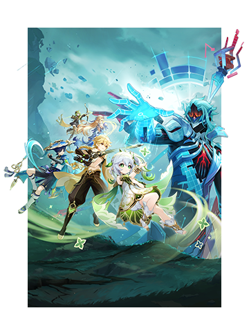 Art for Genshin Impact depicting a battle with Il Dottore on the rolling hills of Sumeru.